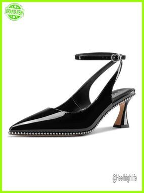 Slingback Kitten Heels Pointed Toe Ankle Strap Pumps Dress Shoes Faux Leather